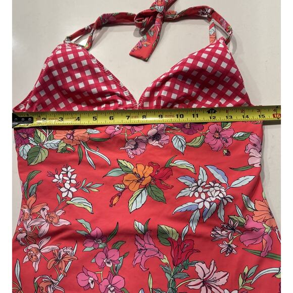 Tommy Bahama Halter Reversible Tankini Coral Summer Floral Gingham Swim Top - Picture 8 of 10